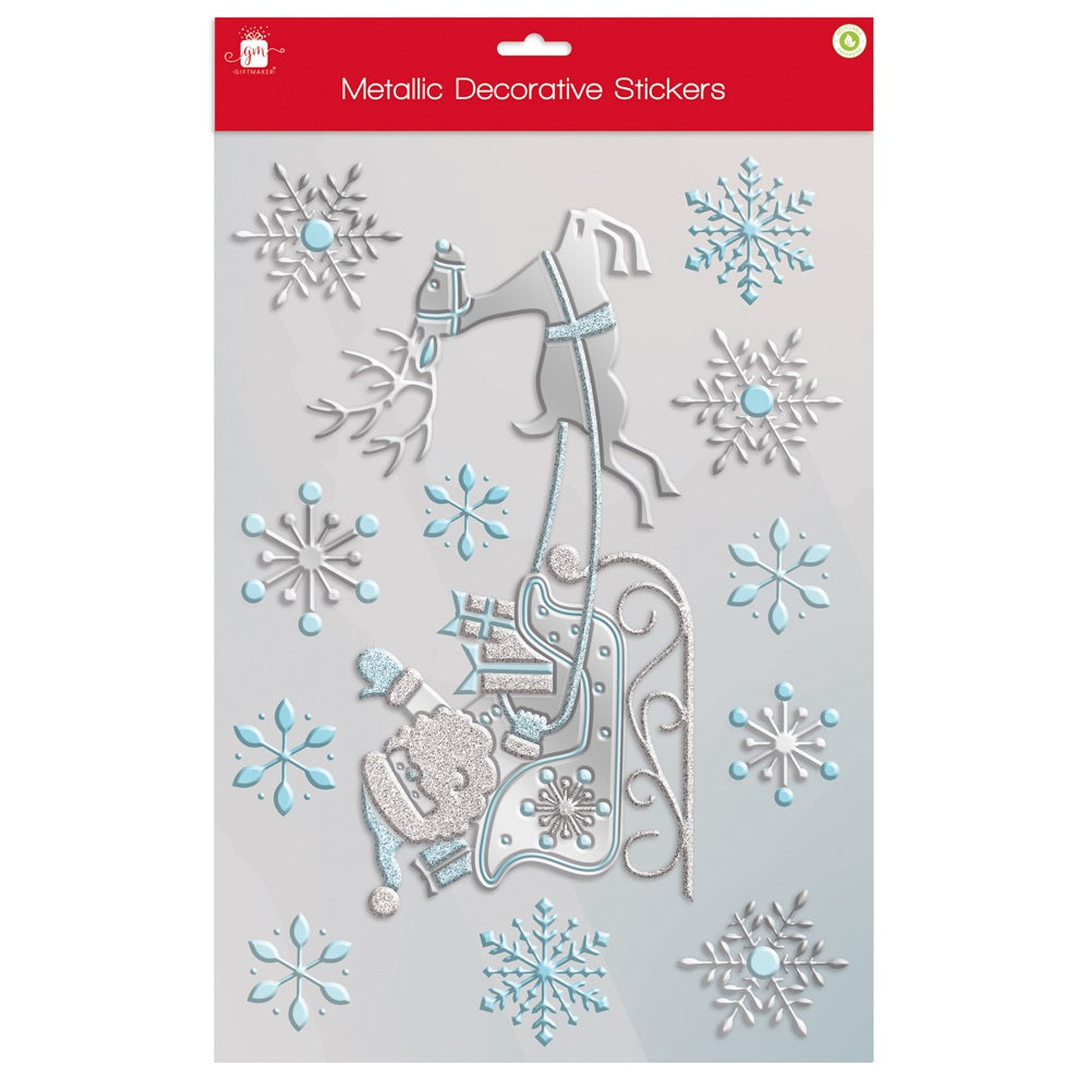 Metallic Blue & Silver Santa on Sleigh Christmas Decorative Stickers