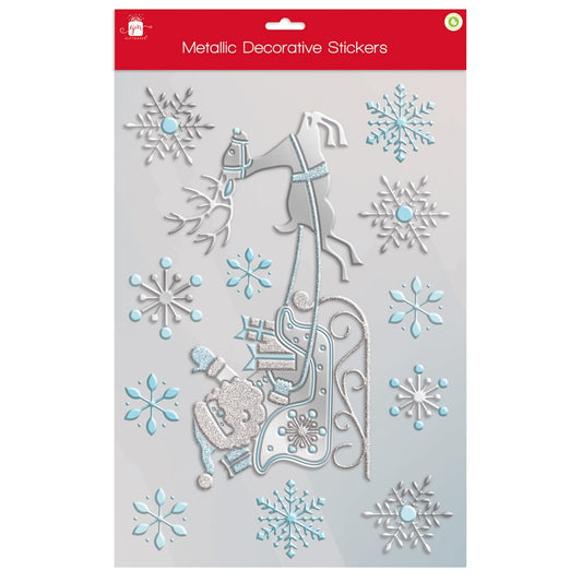 Metallic Blue & Silver Santa on Sleigh Christmas Decorative Stickers