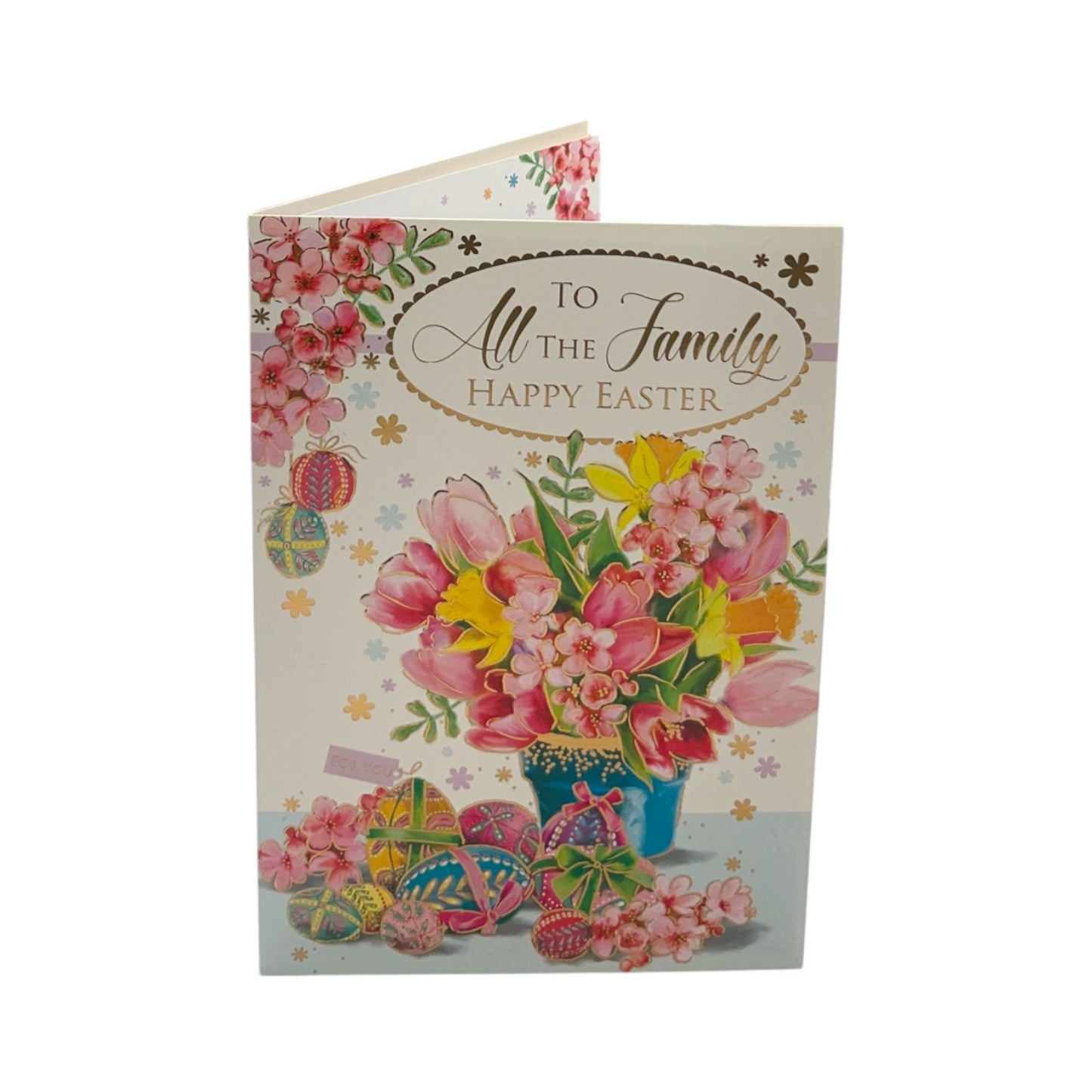 To All The Family Beautiful Flower Pot With Eggs Design Easter Card