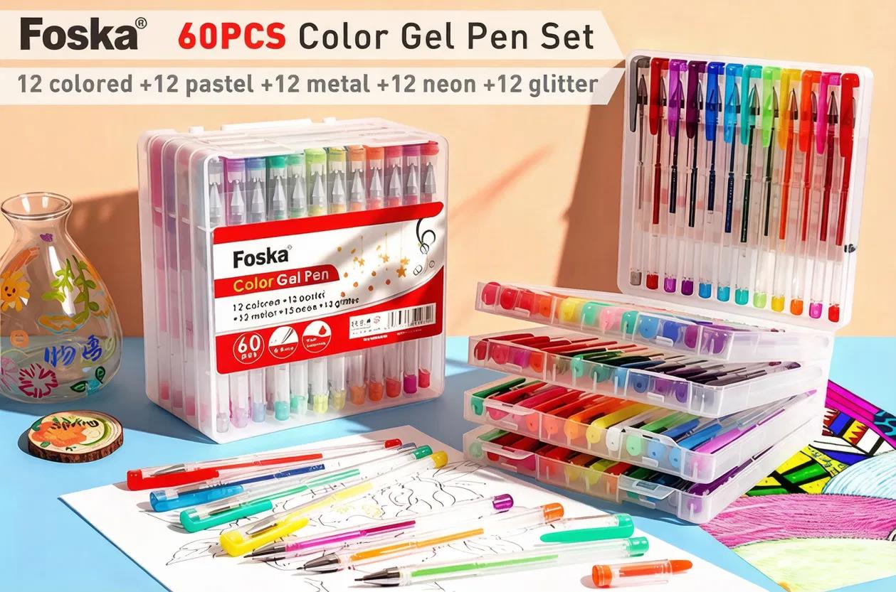 Pack of 60 Assorted Coloured Gel Ink Pens Set - Primary, Pastel, Metallic, Neon, Glitter