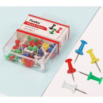 Pack of 30 Assorted Colour Push Pins in Hanging Case