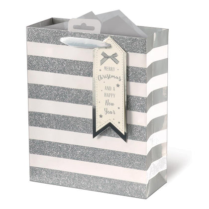 Pack of 6 Silver Glitter Finished Stripe Design Christmas Medium Gift Bags
