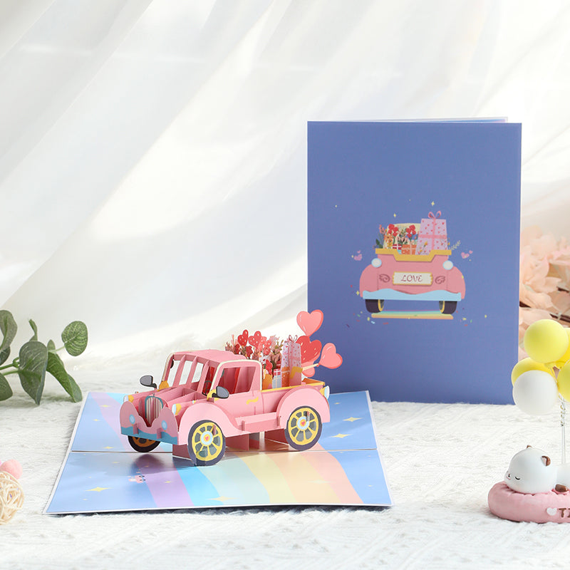 Love Express Pink Car 3D Pop Up Greeting Card - Wedding Valentine's Day Anniversary 