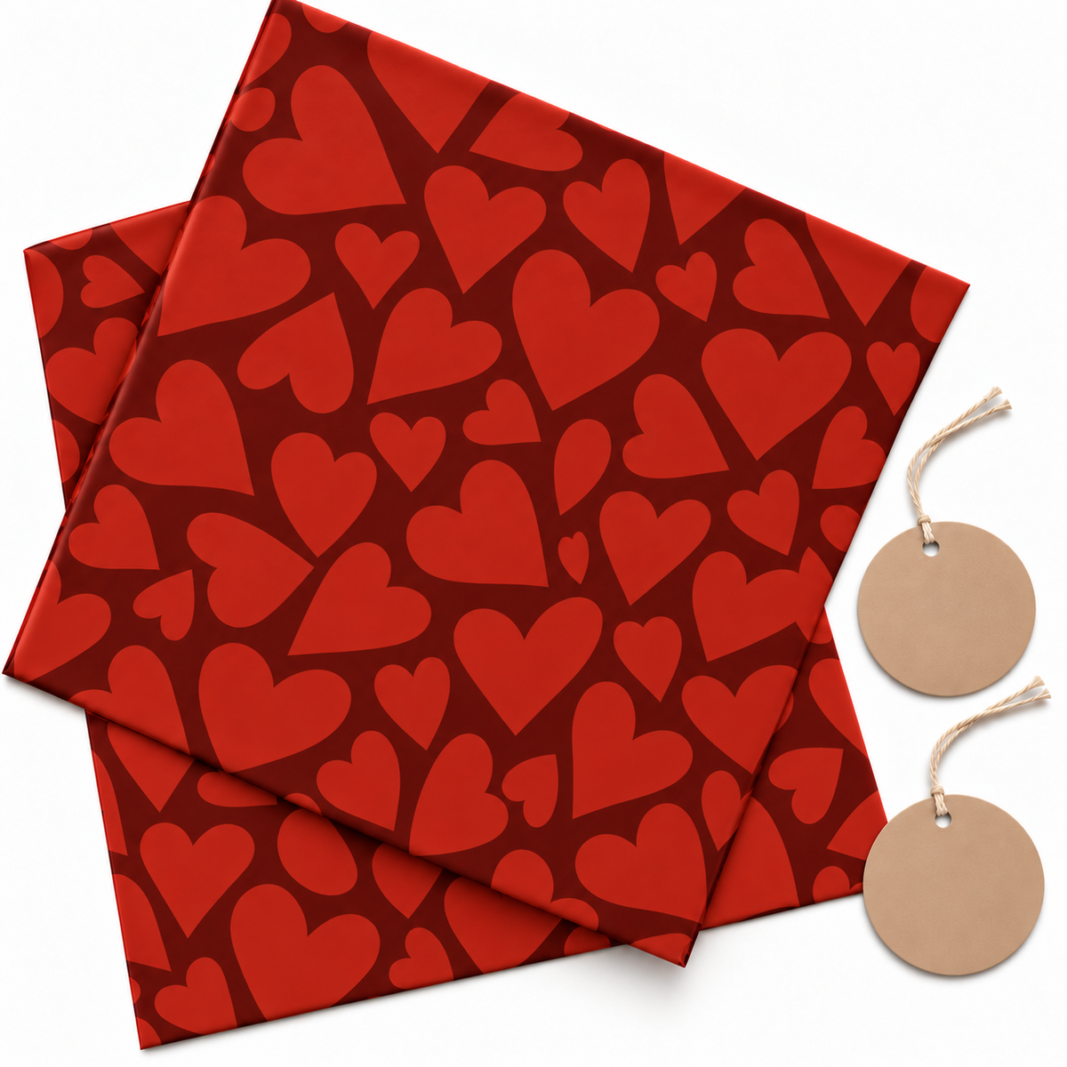 Pack of 2 Scarlet Hearts Design 50 x 70 cm Gift Wrap Sheets with 2 Tags - Valentine’s Day Christmas Romantic Occasions Birthdays