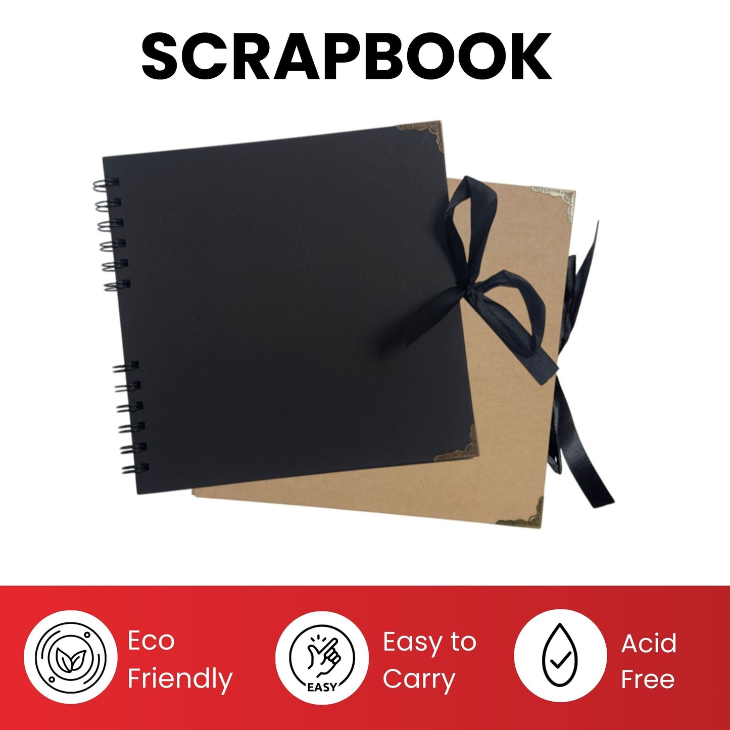 Pack of 12 Spiral Bound 180gsm Kraft Scrapbooks with Ribbon Closure and Metal Corners - 30 Sheets 20x20cm