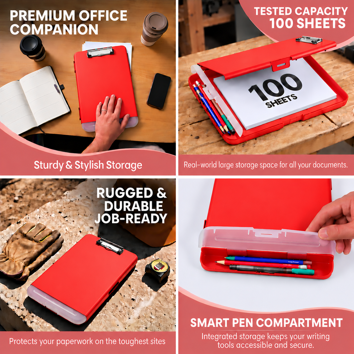 Pack of 6 A4 Red Plastic Clipboard Box Files With Pencil Holder - Storage Filing Case