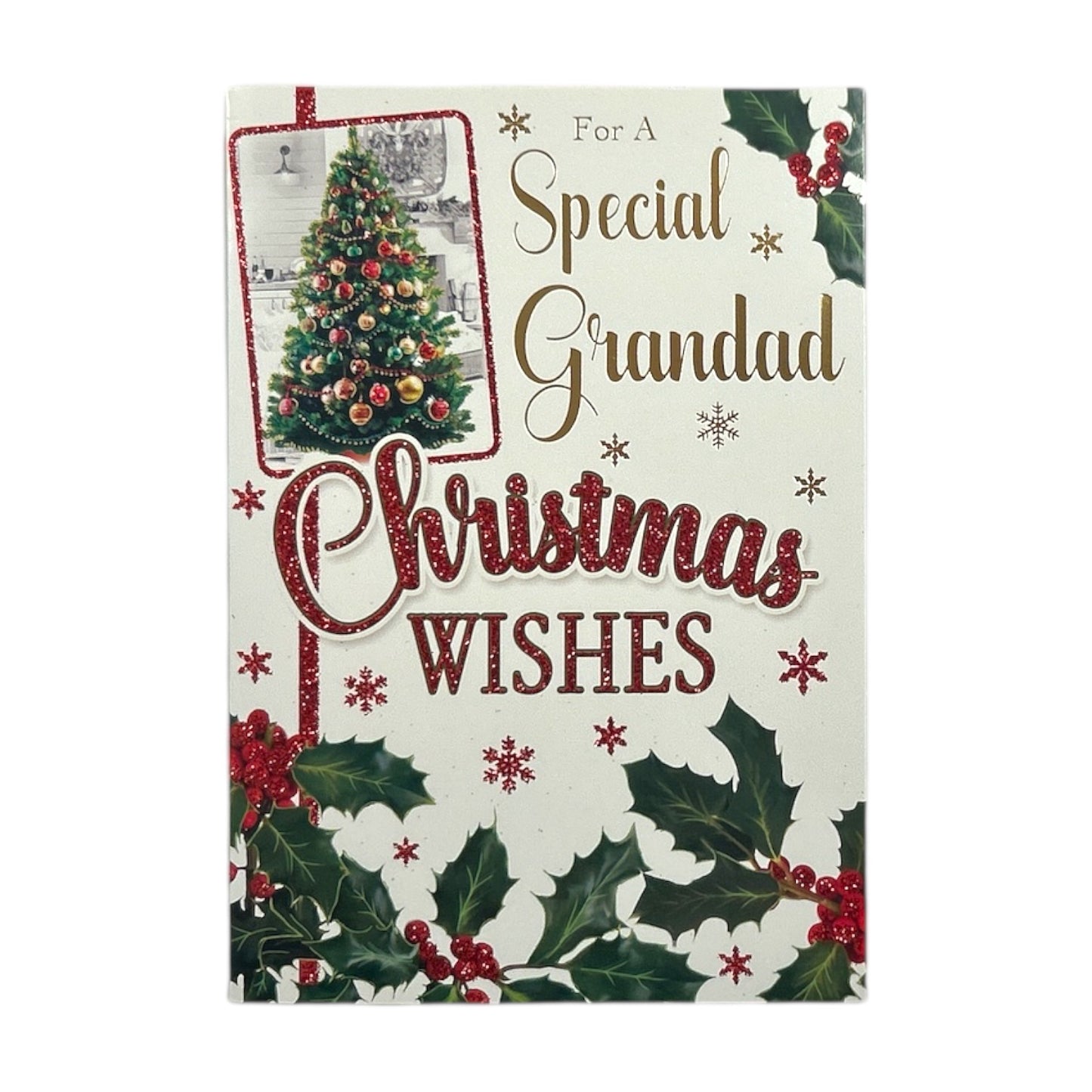 Traditional Tree & Holly Christmas Wishes Card For Grandad