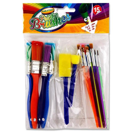 Pack of 15 Colourful Paint Brushes & Sponges Set by World Of Colour