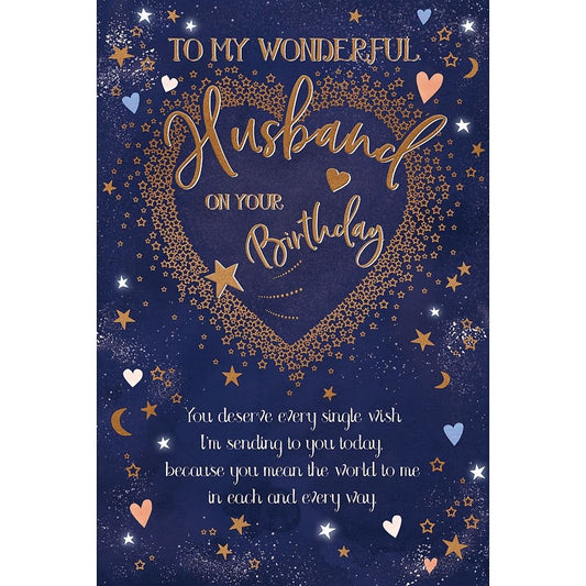 Gold Heart Design with Stars Husband Birthday Card