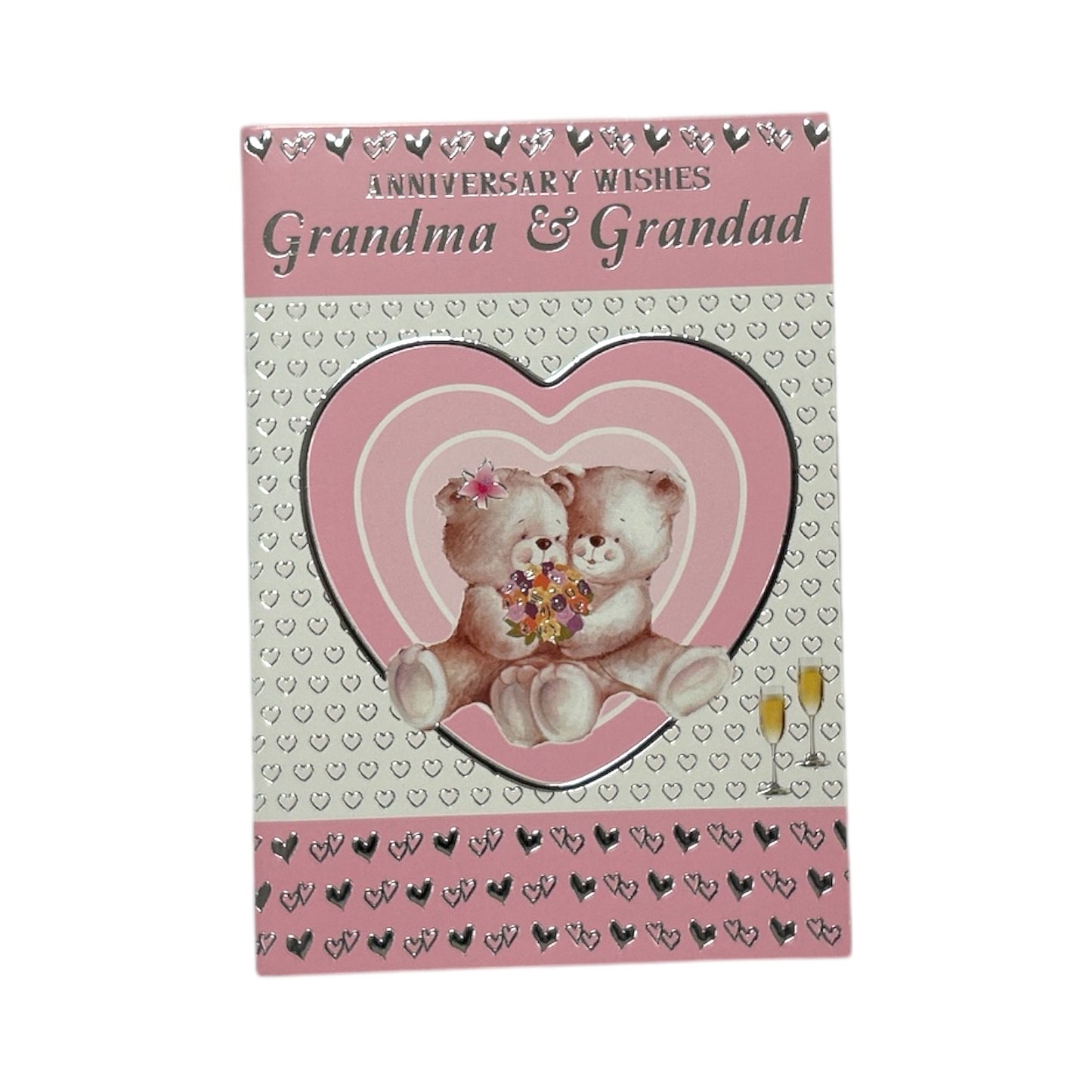Grandma & Grandad Cute Teddies In Pink Heart Anniversary Card