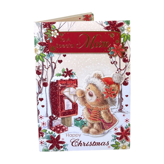 To a Special Mum Teddy At Mail Box Design Christmas Card