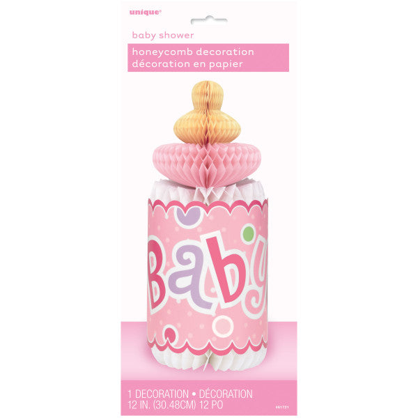 Pink Dots Baby Shower Bottle Shaped Honeycomb Decoration, 12"