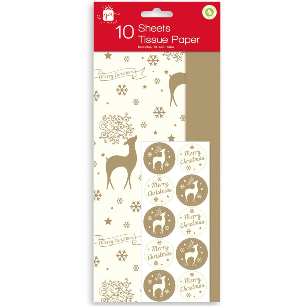 Pack of 10 Gold Stag Christmas Tissue Papers