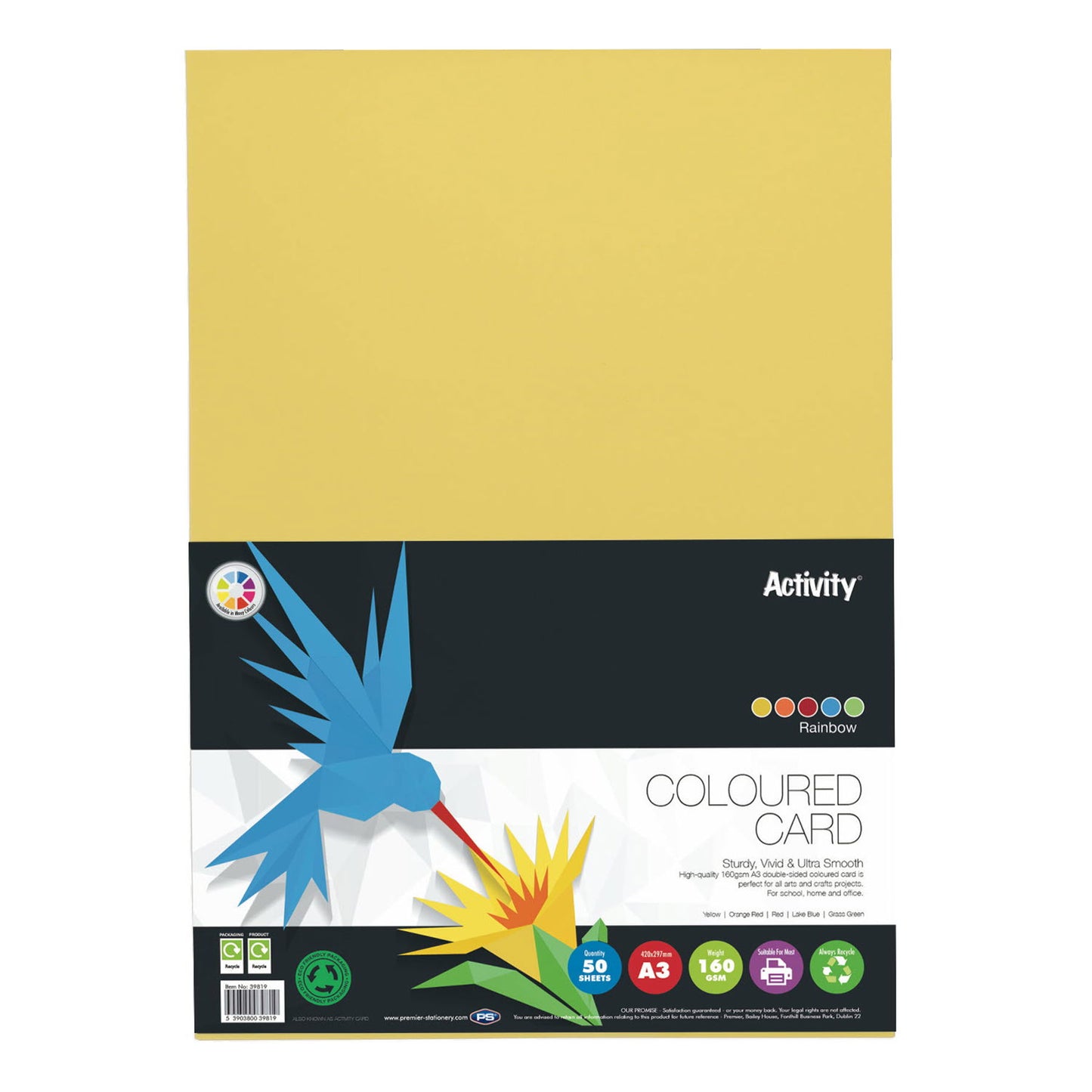 A3 160gsm 50 Rainbow Card Sheets by Premier Activity