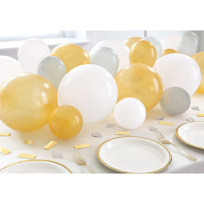 Silver, White and Gold Balloon Garland Table Runner with Foil Confetti Cutouts