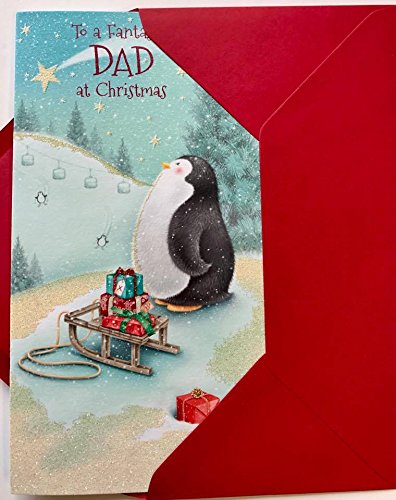 Fantastic Dad At Christmas Penguin With Gift Box  Glitter Xmas Card 
