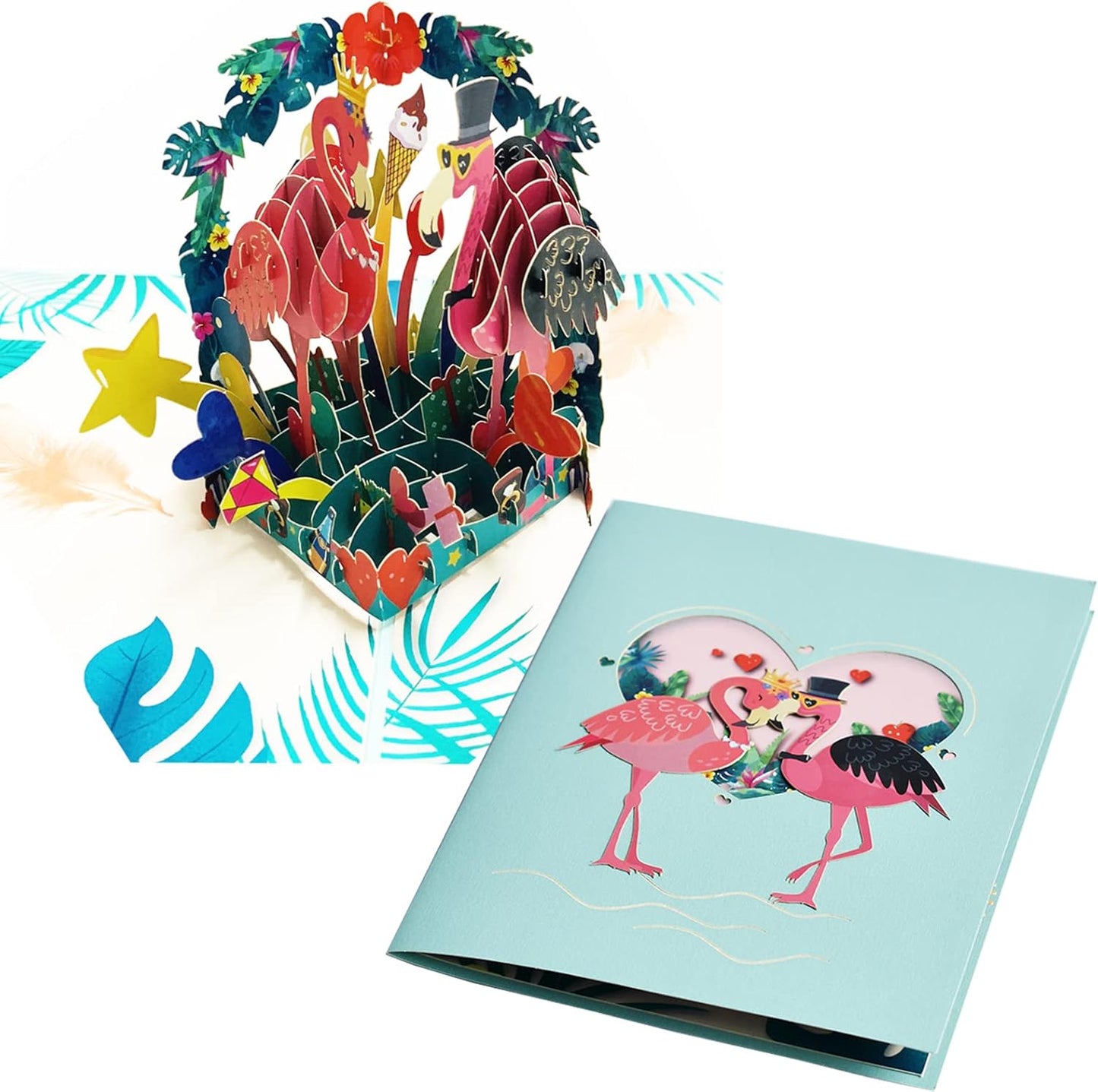 Flamingo Pair and Tropical Scene 3D Pop Up Greeting Card