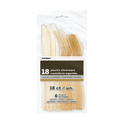 Pack of 18 Gold Glitter Assorted Plastic Cutlery