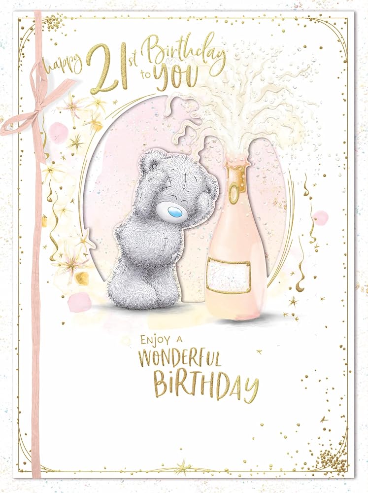 Bear With Champagne Bottle Large Luxury Boxed Handmade 21st Birthday Card.