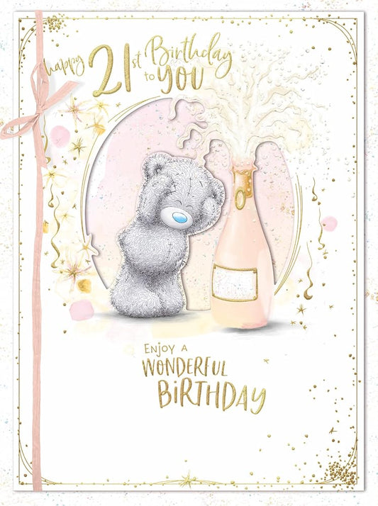 Bear With Champagne Bottle Large Luxury Boxed Handmade 21st Birthday Card.