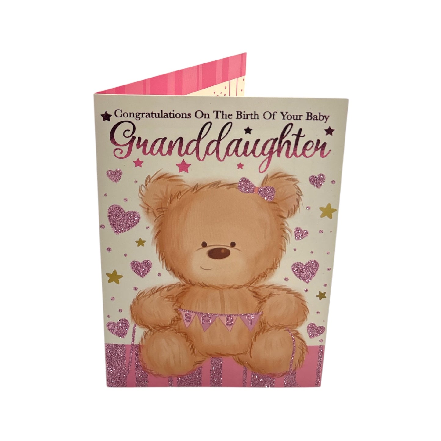 On Birth Of Baby Granddaughter Teddy Holding Banner Design Congratulations Card