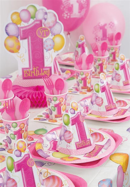 Pack of 8 First Birthday Pink Balloons Party Hats