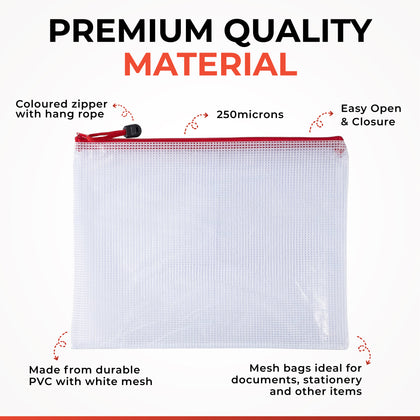 Pack of 12 A3 Red PVC Mesh Zip Bags