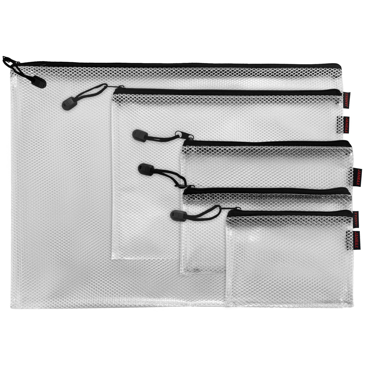 Pack of 5 Premium Assorted Sizes Black Zip Mesh Bags by Janrax