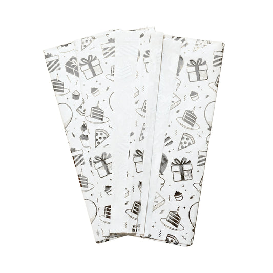 20 x Pack of 10 Birthday Luxury Silver Metallic Plastic-Free 18gsm Tissue Paper Sheets 50x70cm - Patterned Tissue Paper for Xmas, New Year, Party, Wedding, Birthday Packing Present Gift Box DIY Art Crafts