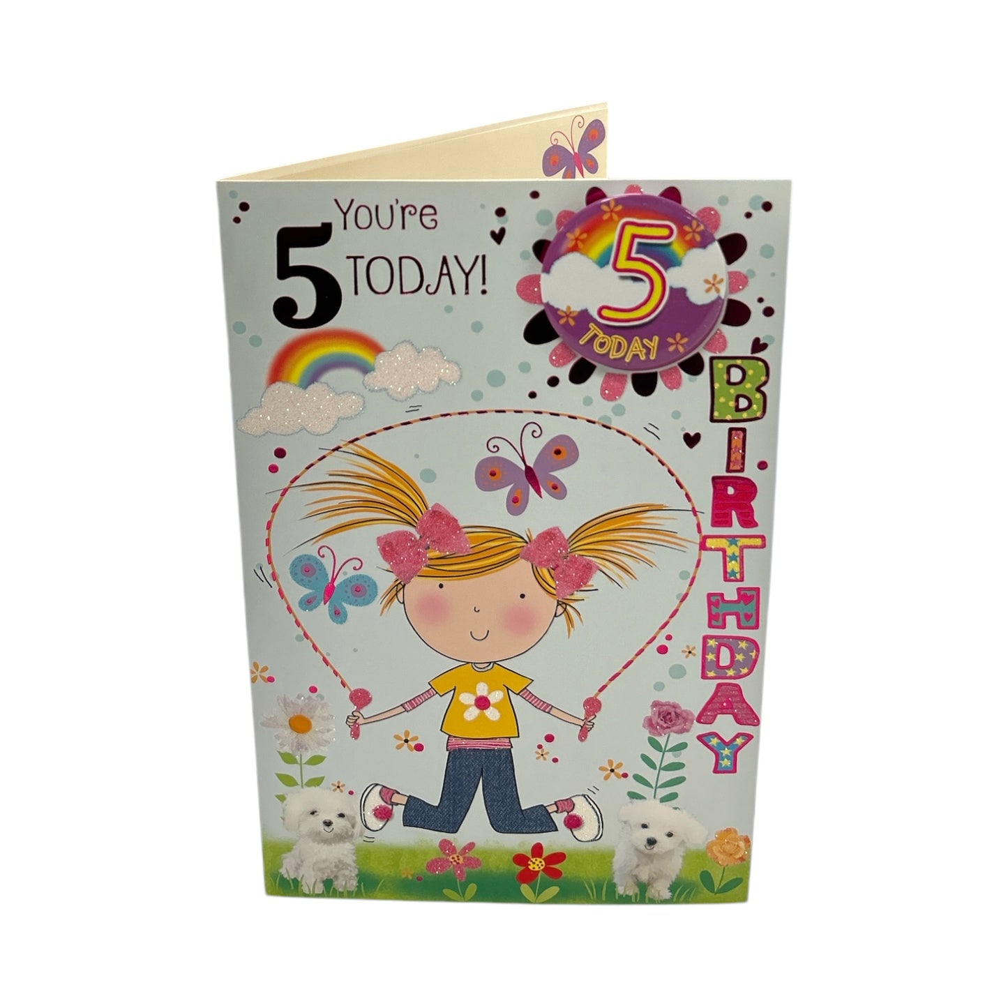 Age 05 Girl Skipping Juvenile Birthday Card With Badge