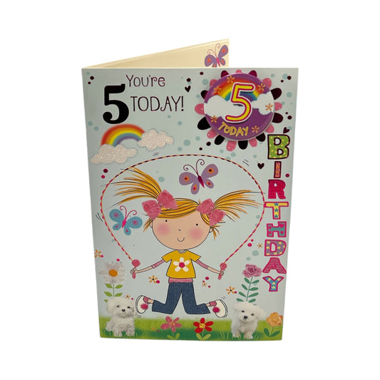 Age 05 Girl Skipping Juvenile Birthday Card With Badge
