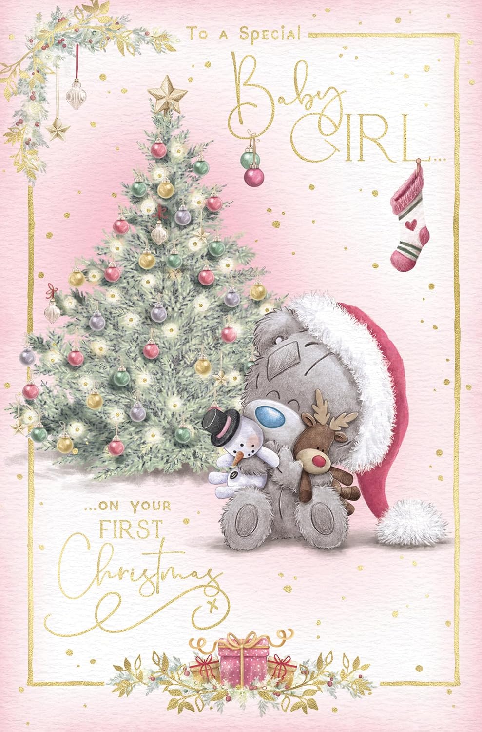 Bear With Snowman And Reindeer Toy Baby Girl Christmas Card