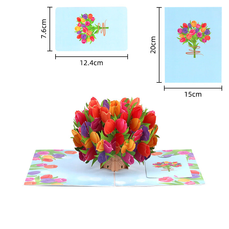Colorful Tulip Bouquet Blue 3D Pop Up Greeting Card