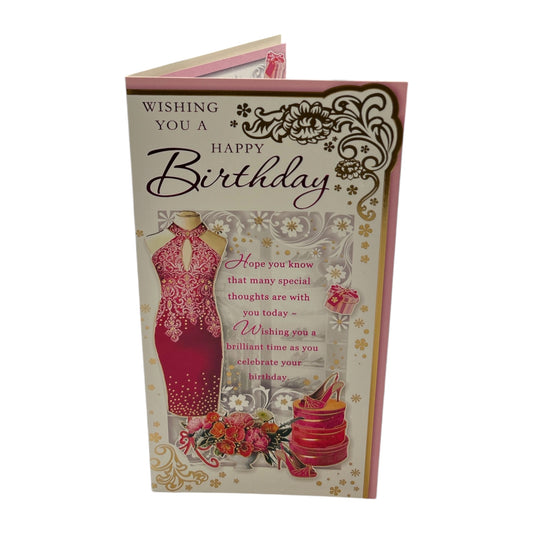 Open Female Pink Dress and Shoes Design Opacity Birthday Card