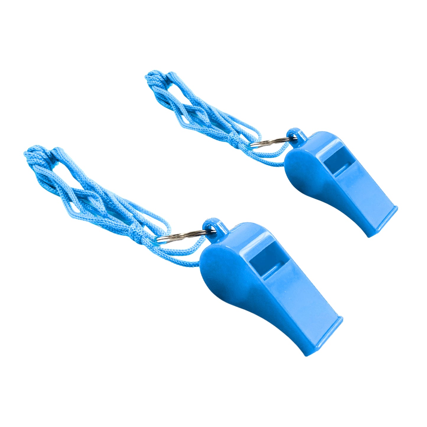 Bag of 10 Light Blue Plastic Whistles with Lanyard Neck Cord
