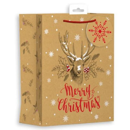 Pack of 12 Kraft Christmas Reindeer Design Medium Gift Bags