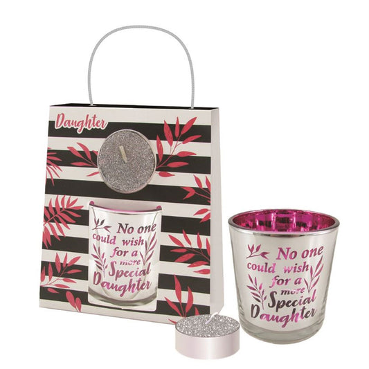 Special Daughter Glass Sentiment Tealight Candle Holder with Bag