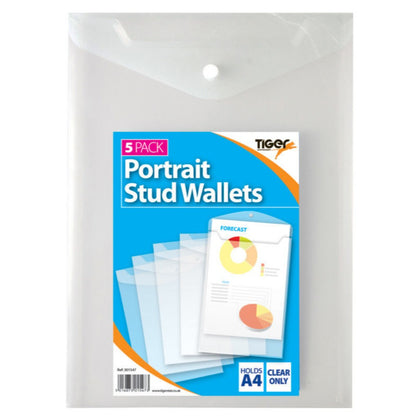 Pack of 5 A4+ Portrait Stud Wallets (Clear)