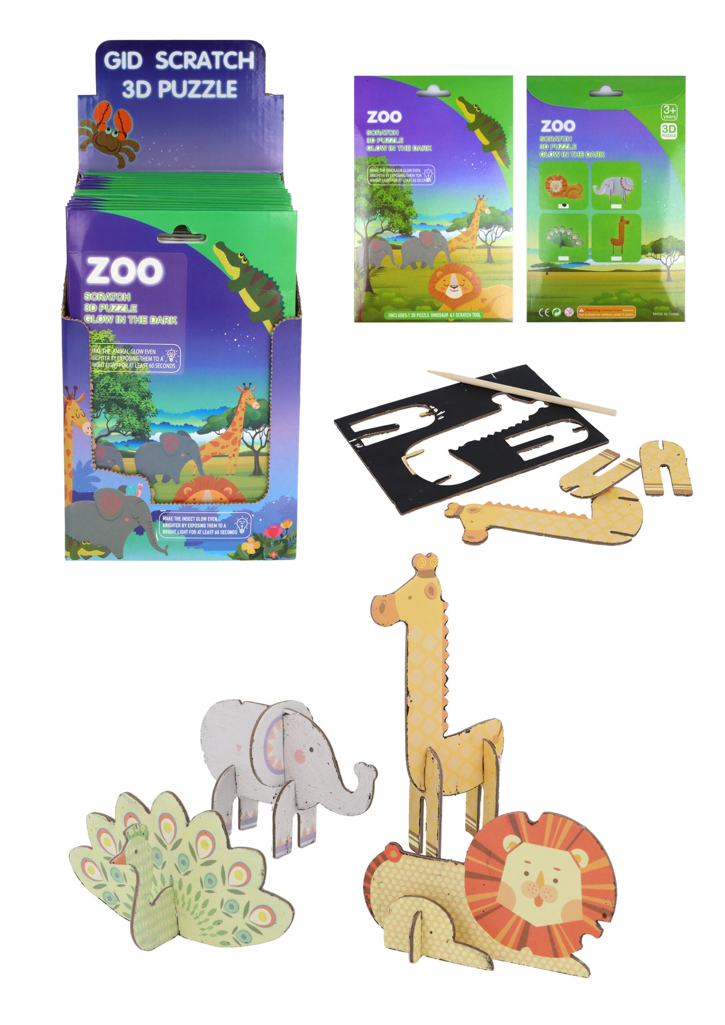 Pack of 12 Zoo Animal Magic Colour Scratch 3D Puzzles (Glow In The Dark)