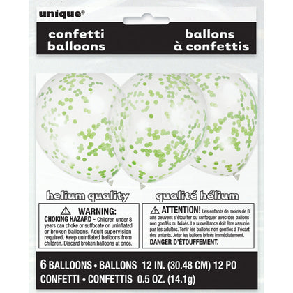 Pack of 6 Clear Latex Balloons with Lime Green Confetti 12