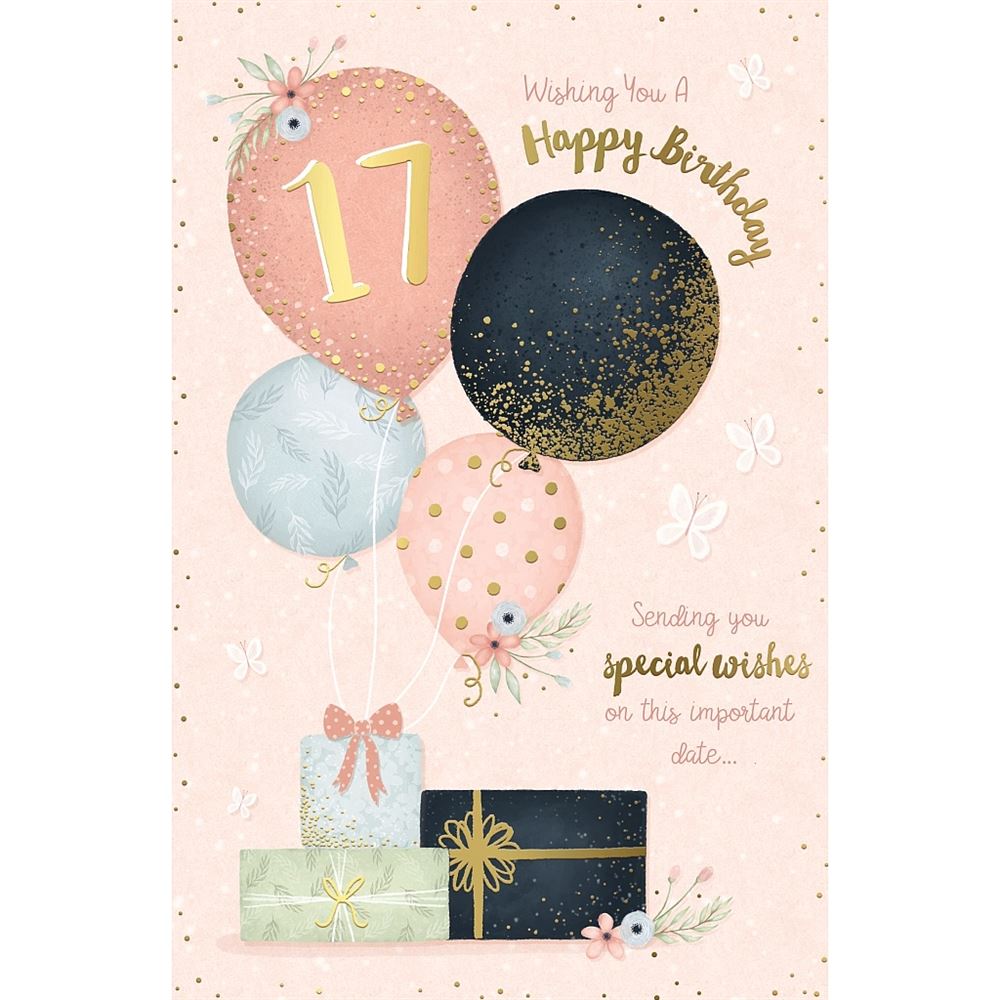 Balloons and Presents 17th Birthday Card for Her