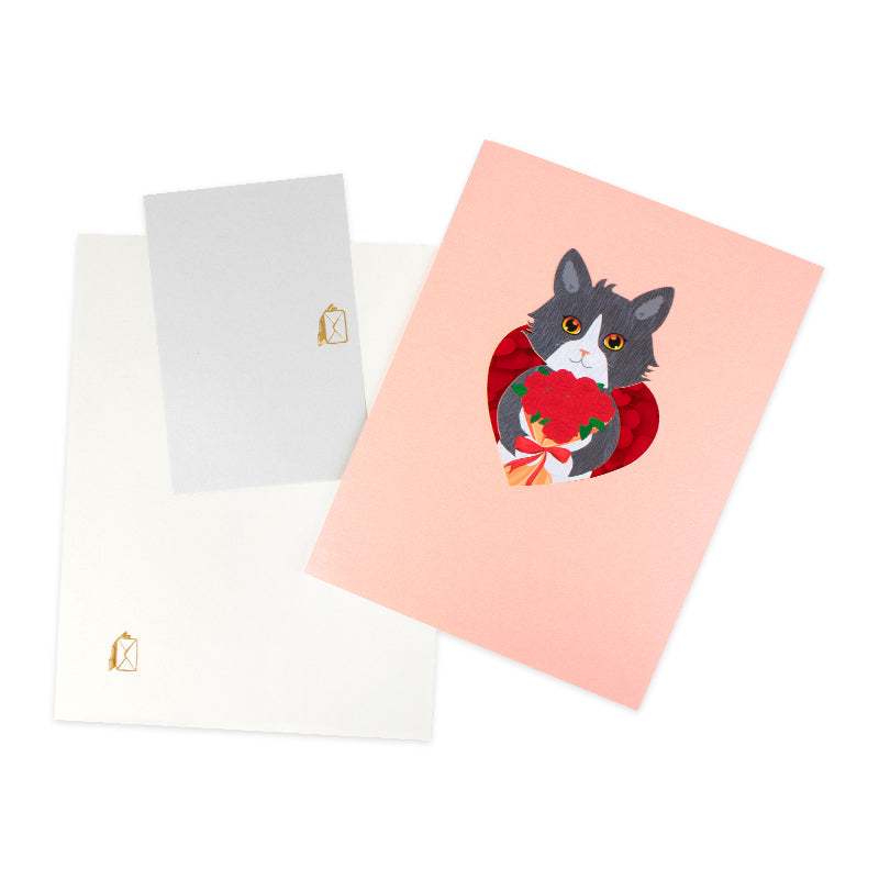 Cat with Red Roses 3D Pop Up Valentine’s Day Card