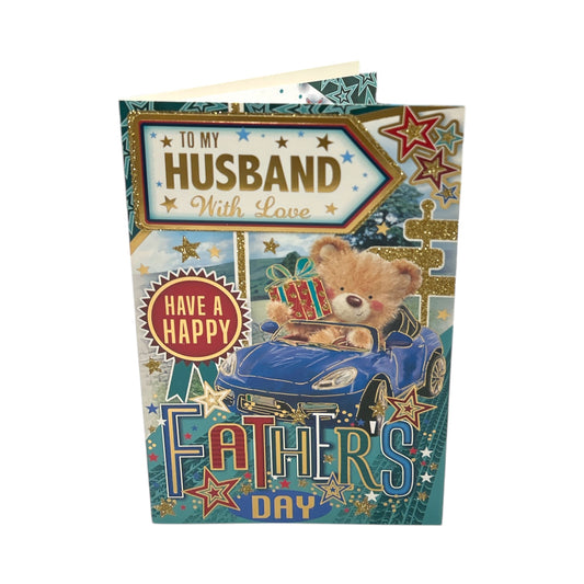To My Husband Teddy In Blue Car Design Father's Day Card