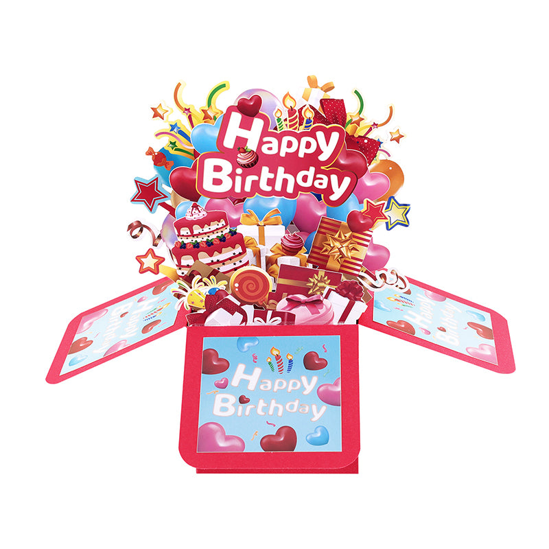 Heart Balloons Bright Red 3D Pop Up Birthday Box Card - Fireworks Cake Surprise Gift Box