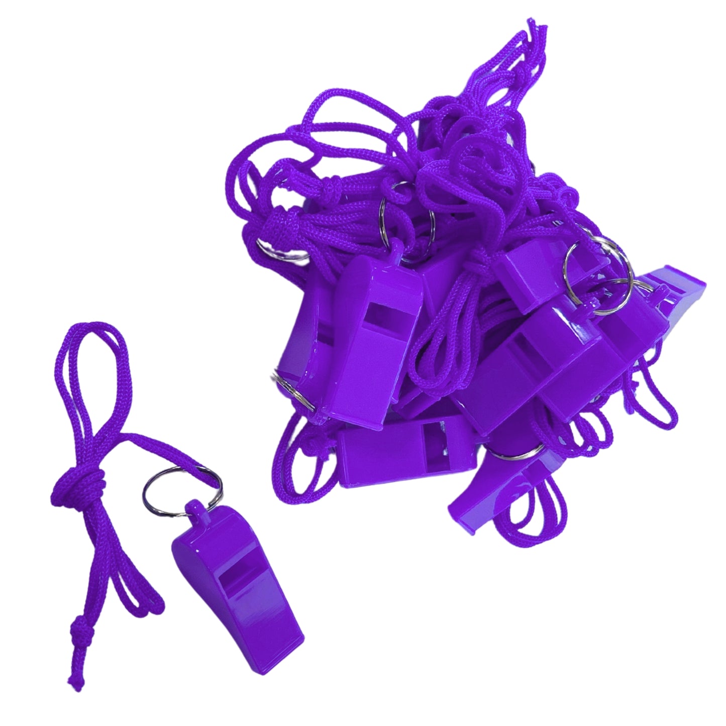Bag of 100 Purple Plastic Whistles with Lanyard Neck Cord