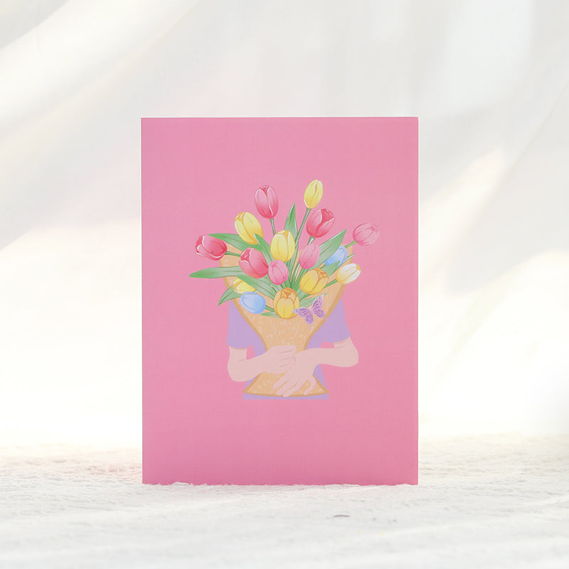 Tulips in Hand 3D Pop Up Greeting Card - Mother's Day Birthday Anniversary