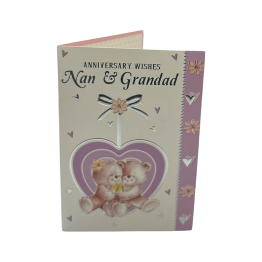 Nan & Grandad Cute Teddies In Purple Heart Anniversary Card