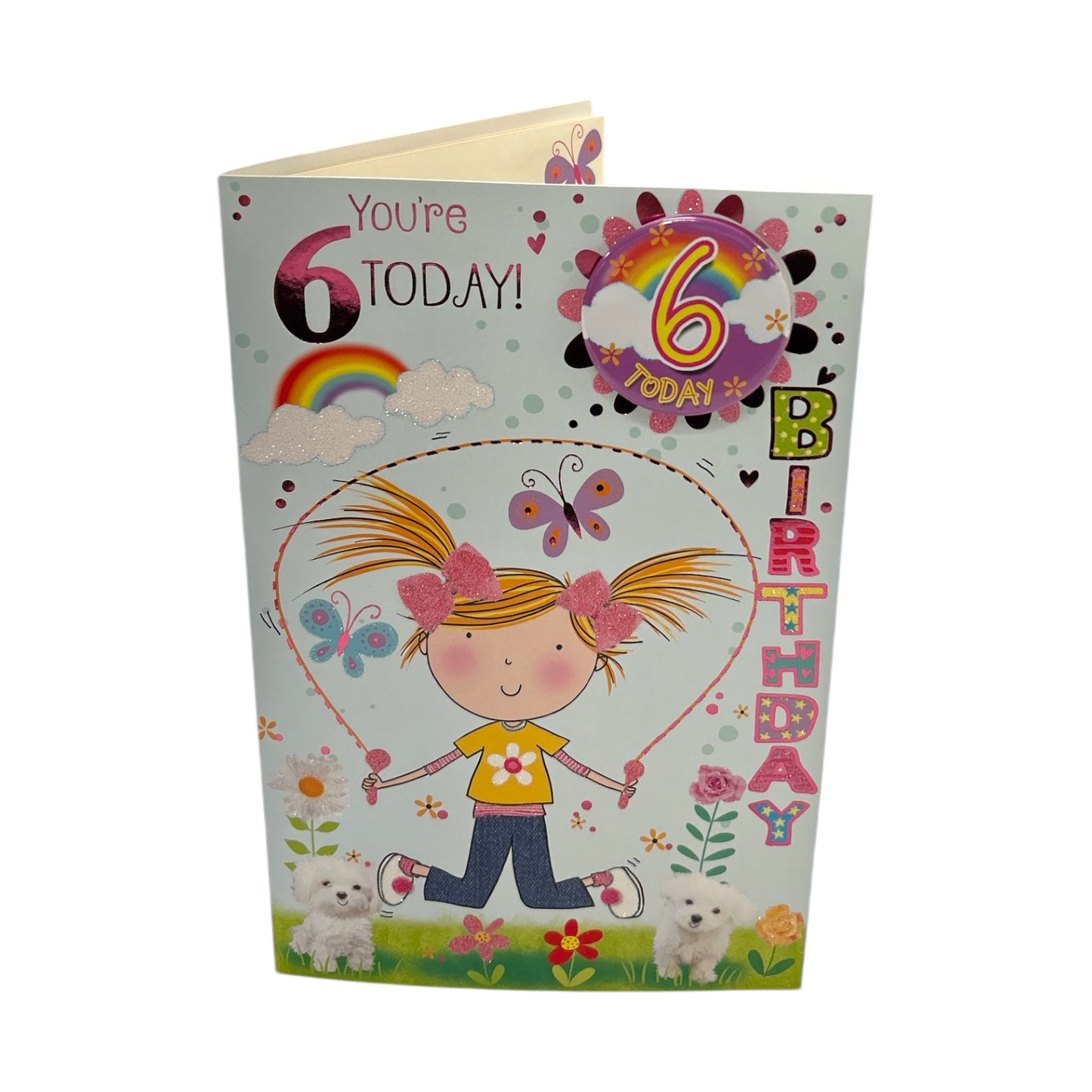 Age 06 Girl Skipping Juvenile Birthday Card With Badge