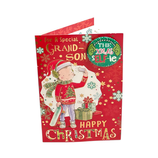 For a Special Grandson Selfie Design Christmas Card With Badge