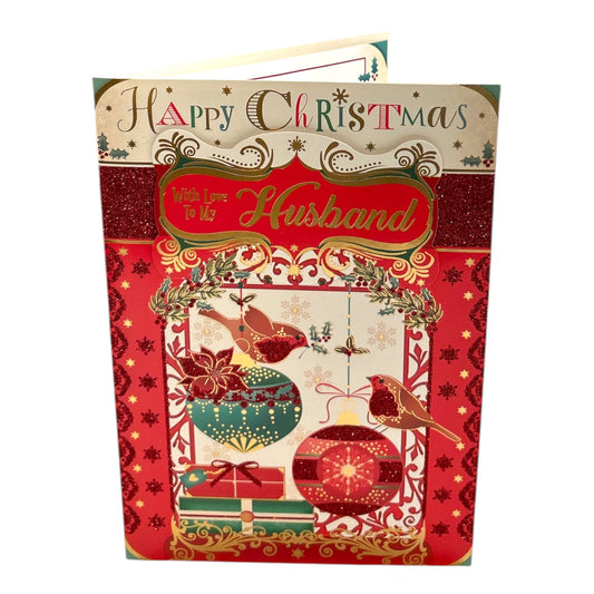 With Love To My Husband Birds On Baubles Design Christmas Card